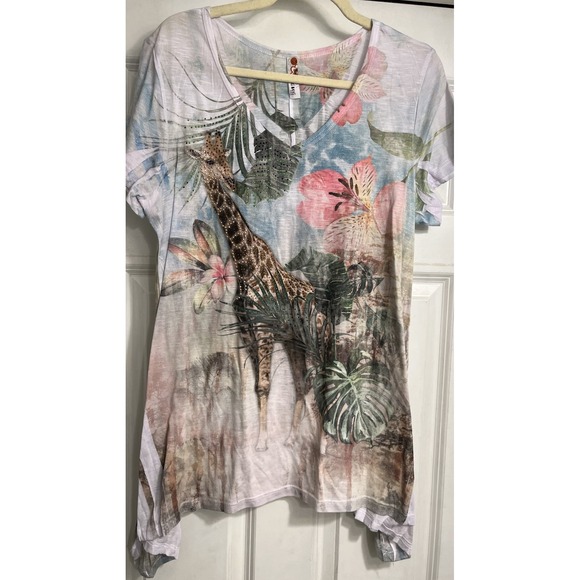 Tops - 90s Y2K Safari Bling Sharkbite Top Sz 2XL Fitted Cap Sleeve Semi Sheer‎ Stretch